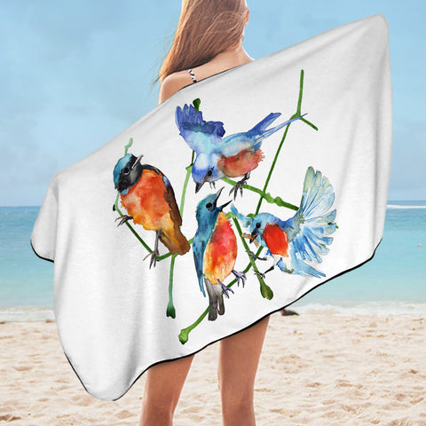 Image of Multi Watercolor Blue Sunbirds SWYJ4730 Bath Towel