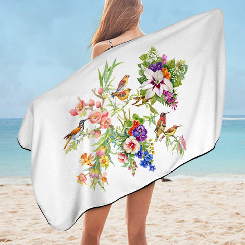 Image of Multi Flowers & Sunbirds White Theme SWYJ4732 Bath Towel