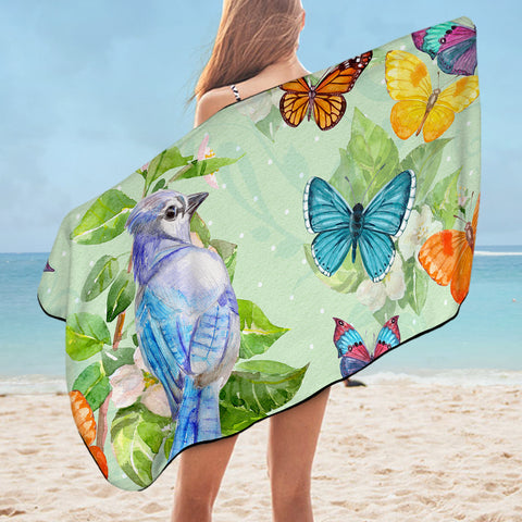 Image of Watercolor Big Blue Sunbird & Colorful Butterflies SWYJ4739 Bath Towel