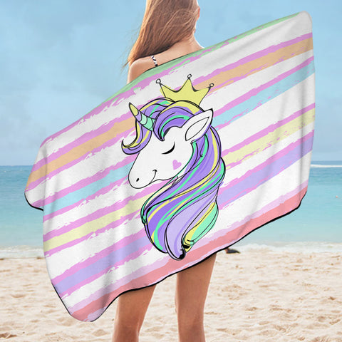 Image of Happy Unicorn Queen Crown Colorful Stripes SWYJ5203 Bath Towel