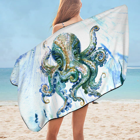 Image of Watercolor Big Octopus Blue & Green Theme SWYJ5341 Bath Towel