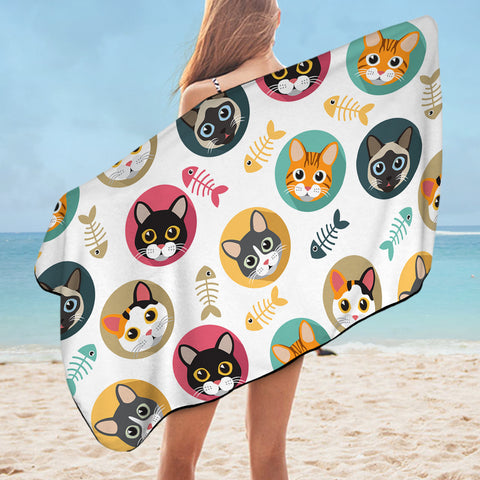 Image of Collection Of Colorful Cute Cat Faces SWYJ6126 Bath Towel