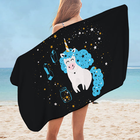 Image of Smiling Blue Hair Unicorn Among Stars SWYJ6224 Bath Towel