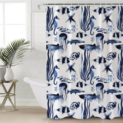 Image of Dark Blue & Black Marine Creatures SWYL3374 Shower Curtain