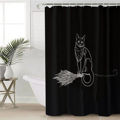 Image of Cat on Flying Broom SWYL3386 Shower Curtain