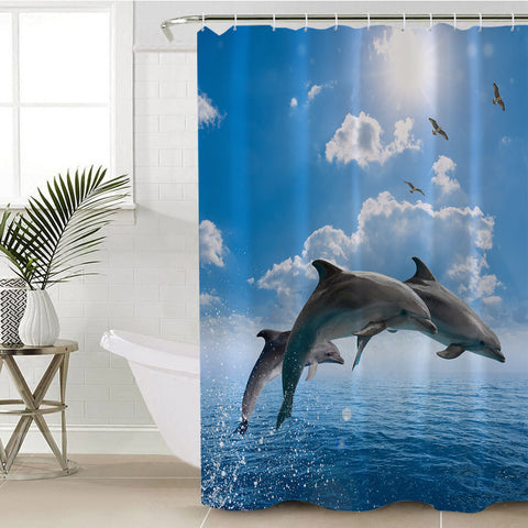 Image of Dolphins Jumping Over Ocean SWYL3614 Shower Curtain