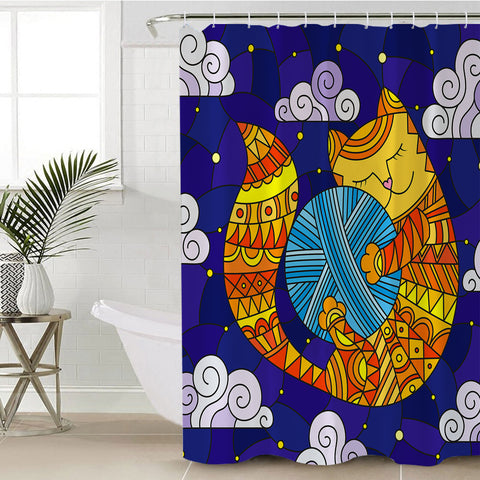 Image of Yellow Aztec Cat Holding Lump Of Wool SWYL3647 Shower Curtain