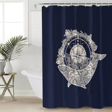 Image of Vintage Floral Whale & Compass Navy Theme SWYL3930 Shower Curtain