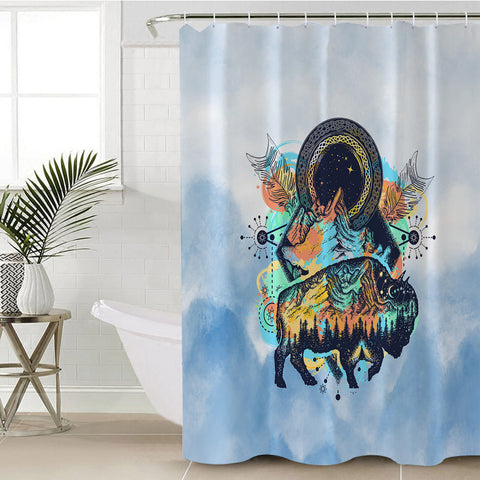 Image of Vintage Buffalo & Compass - Watercolor Pastel Animal Theme SWYL3932 Shower Curtain