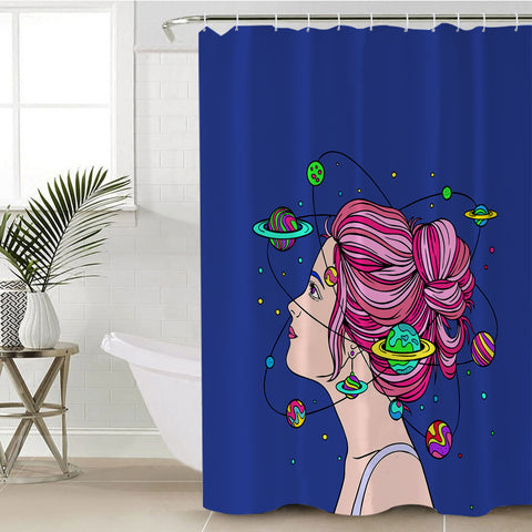 Image of Space Mind Girl Pink Hair Illustration SWYL3939 Shower Curtain