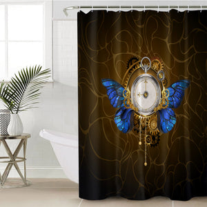Vintage Golden Clock Blue Butterfly SWYL4122 Shower Curtain
