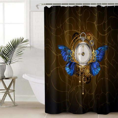 Image of Vintage Golden Clock Blue Butterfly SWYL4122 Shower Curtain