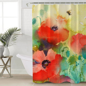 Red Flowers & Green Leaves Watercolor Painting SWYL4398 Shower Curtain