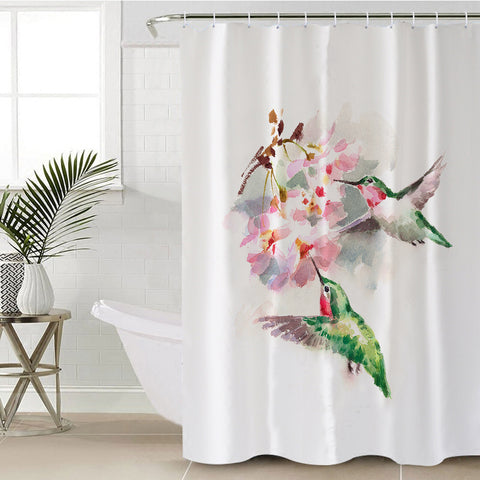Image of Green Sunbirds Sucking Flowers Watercolor Painting SWYL4408 Shower Curtain