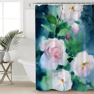 White Flowers & Green Leaves Watercolor Painting SWYL4409 Shower Curtain