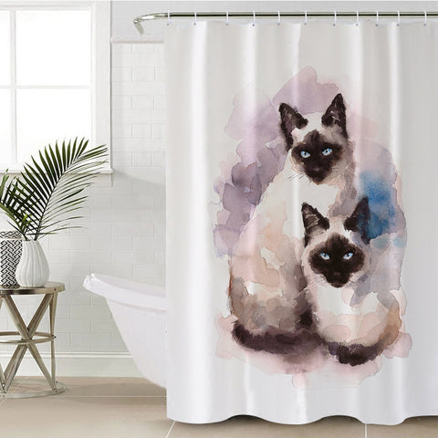 Image of Two Thai Cats Blue & Purple Theme Watercolor Painting SWYL4410 Shower Curtain