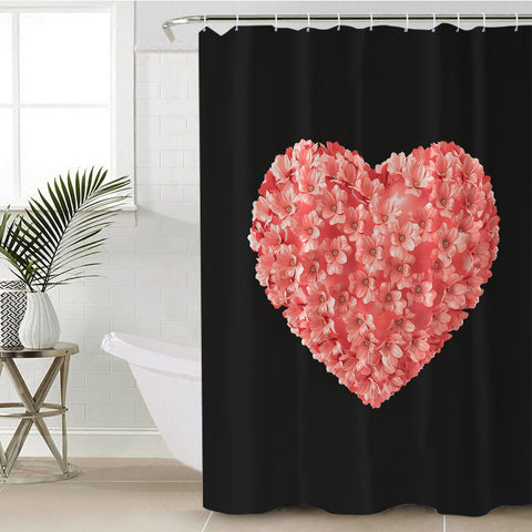 Image of Multi Pink Flowers In Heart Shape Black Theme SWYL4414 Shower Curtain