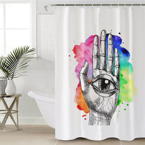 Image of Eye In Hand Sketch Colorful Galaxy Background SWYL4420 Shower Curtain