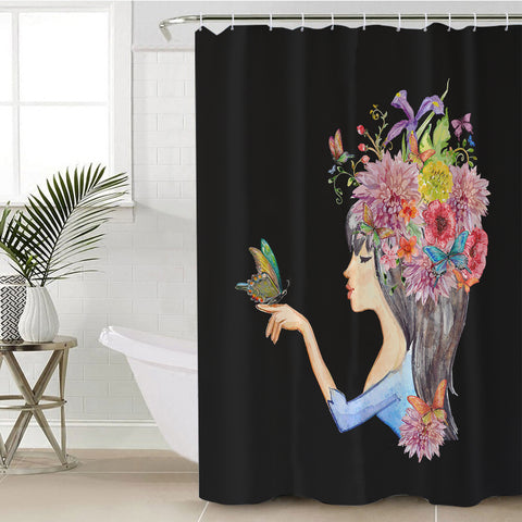 Image of Butterfly Standing On Hand Of Floral Hair Lady SWYL4424 Shower Curtain