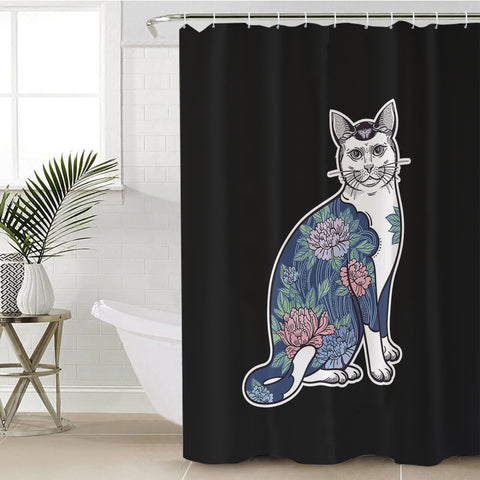 Image of Vintage Floral Navy Cat SWYL4428 Shower Curtain