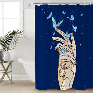 Holding Hands Butterflies Night Sky Stars Illustration SWYL4437 Shower Curtain