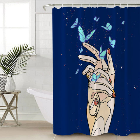 Image of Holding Hands Butterflies Night Sky Stars Illustration SWYL4437 Shower Curtain