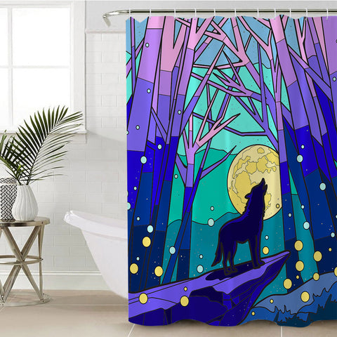 Image of Roaring Wolf In Jungle Night Illustration SWYL4438 Shower Curtain
