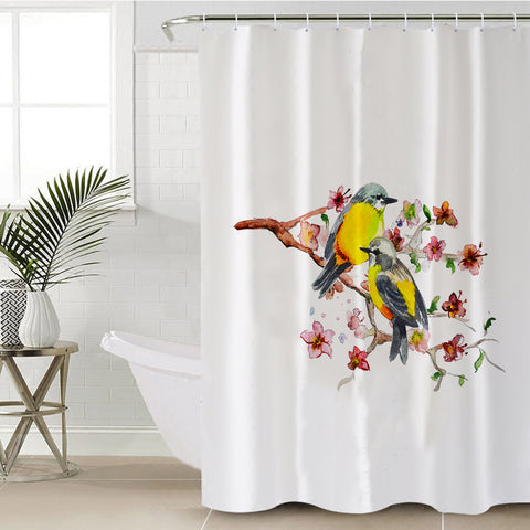 Image of Yellow Sunbirds On Blossom Branchs SWYL4439 Shower Curtain