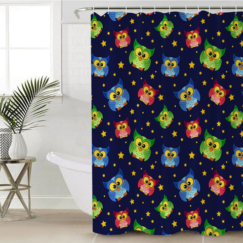 Image of Multi Cute Colorful Owls Night Sky Illustration SWYL4448 Shower Curtain