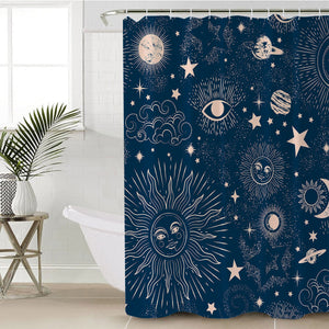 Retro Cream Sun Moon Star Sketch Galaxy Navy Theme SWYL4520 Shower Curtain