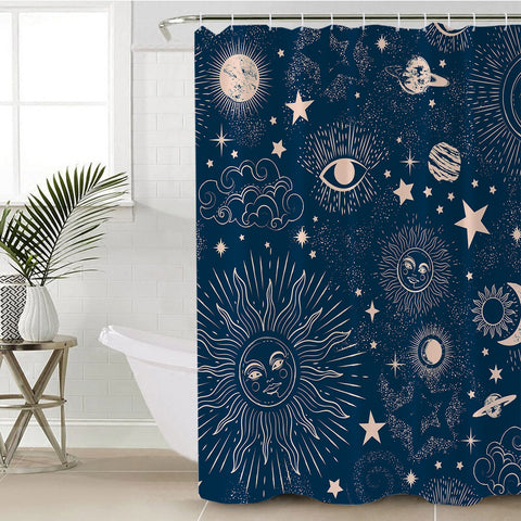 Image of Retro Cream Sun Moon Star Sketch Galaxy Navy Theme SWYL4520 Shower Curtain