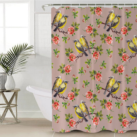 Image of Couple Sunbird and Pink Flowers SWYL4533 Shower Curtain