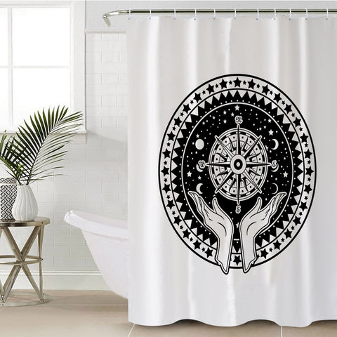 Image of B&W Raising Hands Sign Compass SWYL4596 Shower Curtain