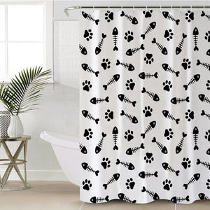 B&W Cute Fish Bone & Dog Footprint Monogram SWYL4605 Shower Curtain