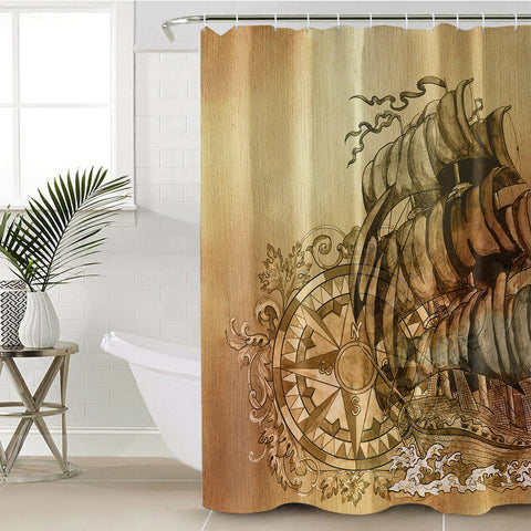 Image of Vintage Black Print Compass & Pirate Boat SWYL4644 Shower Curtain
