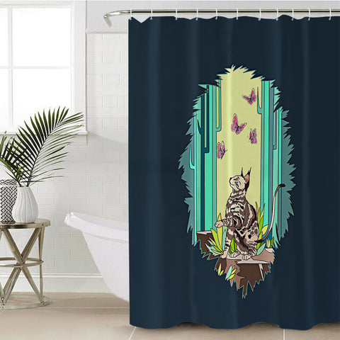 Image of Purple Butterflies & Cat Playing SWYL4666 Shower Curtain