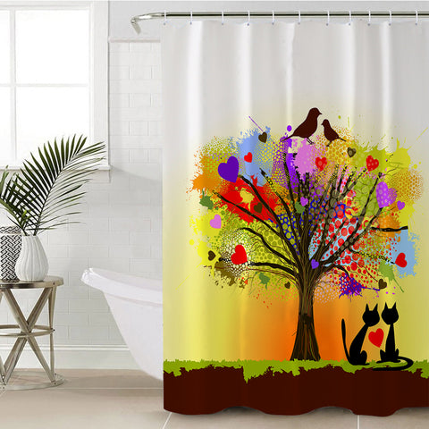 Image of Birds & Cats Couple Colorful Tree Theme SWYL4727 Shower Curtain