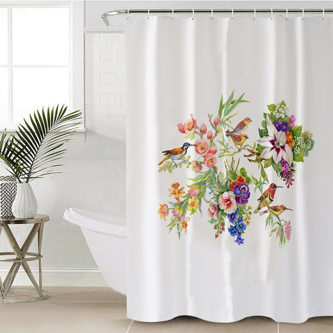 Image of Multi Flowers & Sunbirds White Theme SWYL4732 Shower Curtain