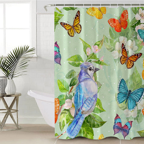 Image of Watercolor Big Blue Sunbird & Colorful Butterflies SWYL4739 Shower Curtain