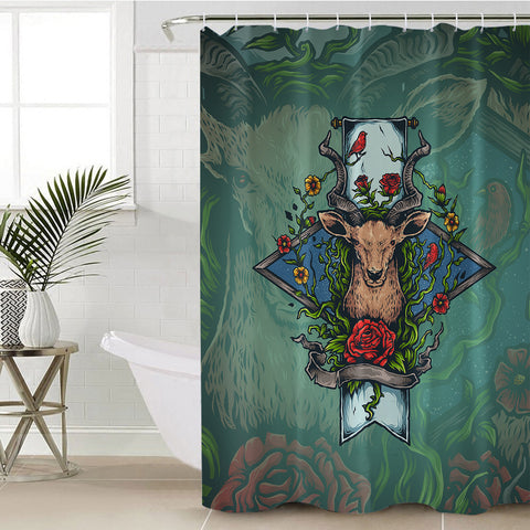 Image of Old School Colorful Floral Deer Head SWYL4740 Shower Curtain