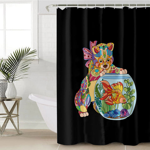 Image of Colorful Geometric Cat & Fishbowl SWYL4743 Shower Curtain