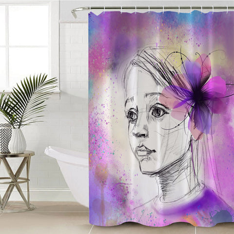 Image of Purple Floral On Lady's Ear Sketch SWYL4752 Shower Curtain