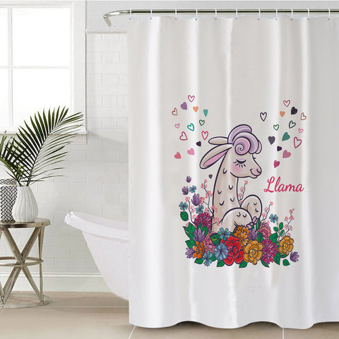 Image of Cute Llama In Colorful Flower Garden SWYL5163 Shower Curtain