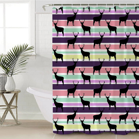 Image of Multi Black Deer Coloful Stripes SWYL5191 Shower Curtain