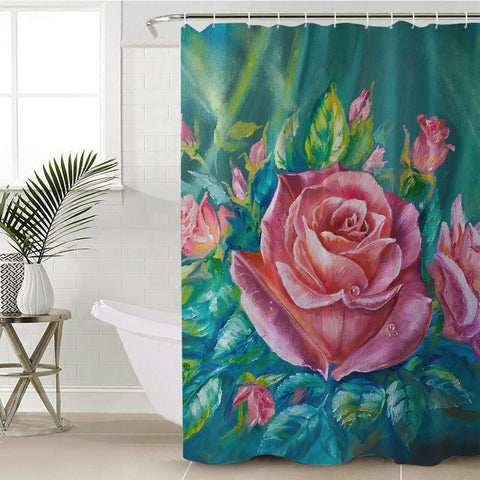 Image of Watercolor Pink Roses Green Theme SWYL5250 Shower Curtain