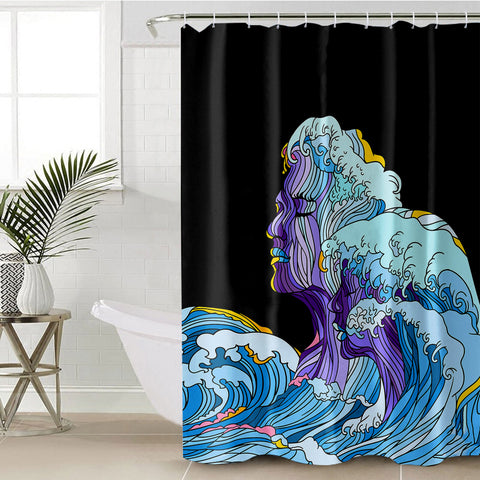 Image of Modern Art - Face Waves Pink & Blue Illustration SWYL5338 Shower Curtain