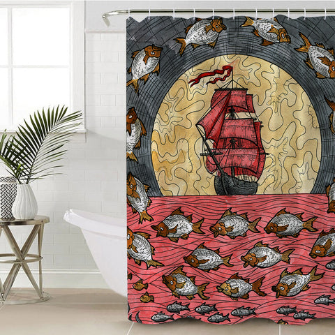 Image of Multi Fishes & Pirate Ship Dark Theme Color Pencil Sketch SWYL5345 Shower Curtain