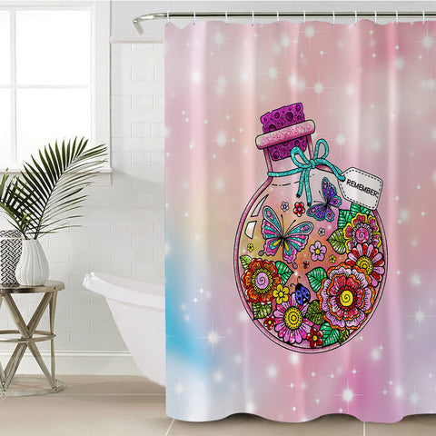 Image of Floral Butterflies Bottle Illustration Pastel Theme SWYL5350 Shower Curtain
