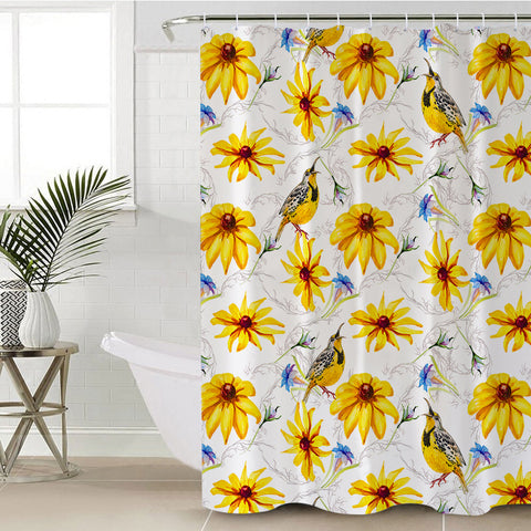 Image of Multi Yellow Aster Flowers & Sunbirds SWYL5353 Shower Curtain