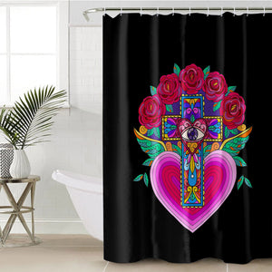 Old School Cross Heart Illustration Pink Color SWYL5356 Shower Curtain